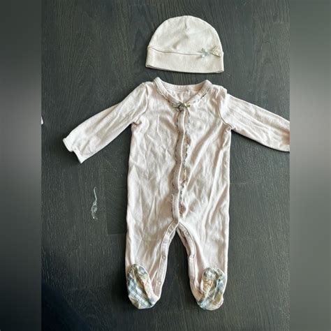 pink polka dot burberry baby onsie with hat